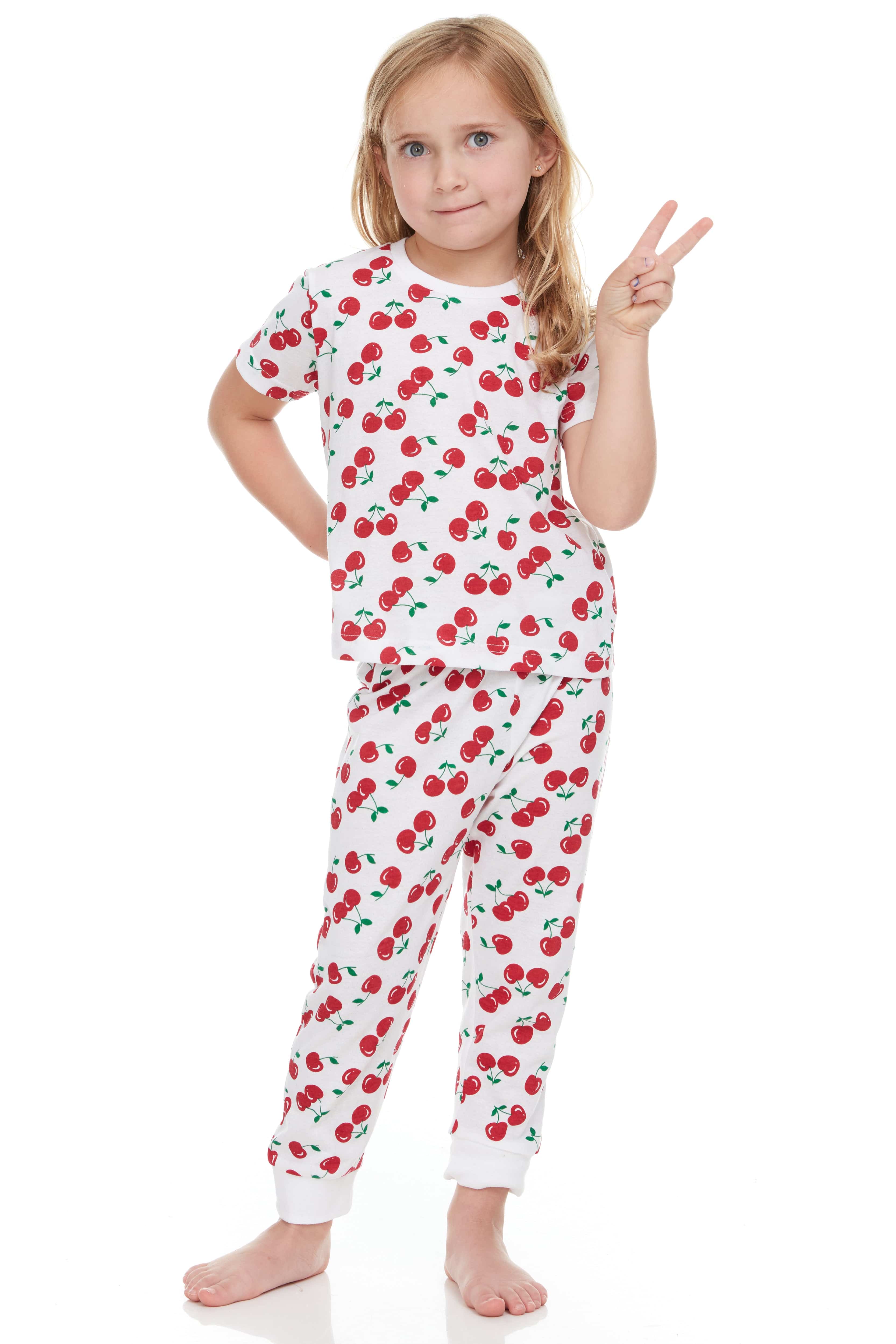 Girls Cotton Pajamas Set – Fun Prints (Cherries, Dots & Stripes)