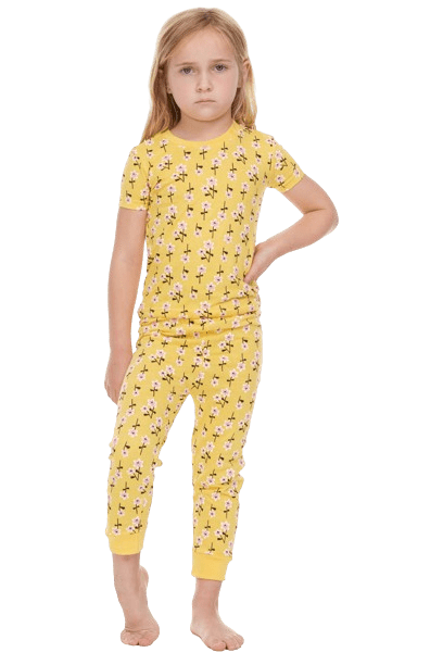 Yellow Flower Print Girls Pajamas – Super Soft 2-Piece Set