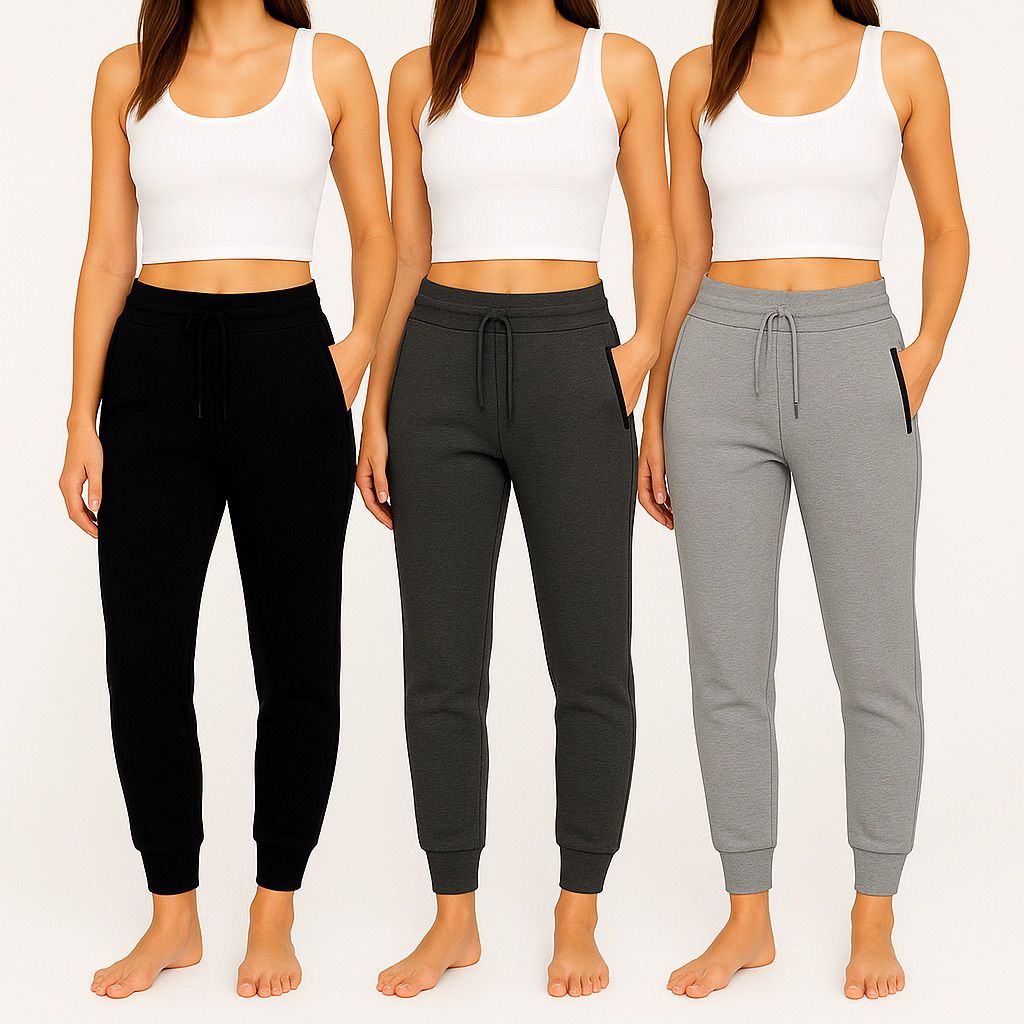 Women's 3-Pack Zipper Pocket Joggers, Modern Slim Fit Athletic Sweatpants, High-Stretch Tapered Lounge Pants, Secure Storage Workout Bottoms, Performance Training Wear