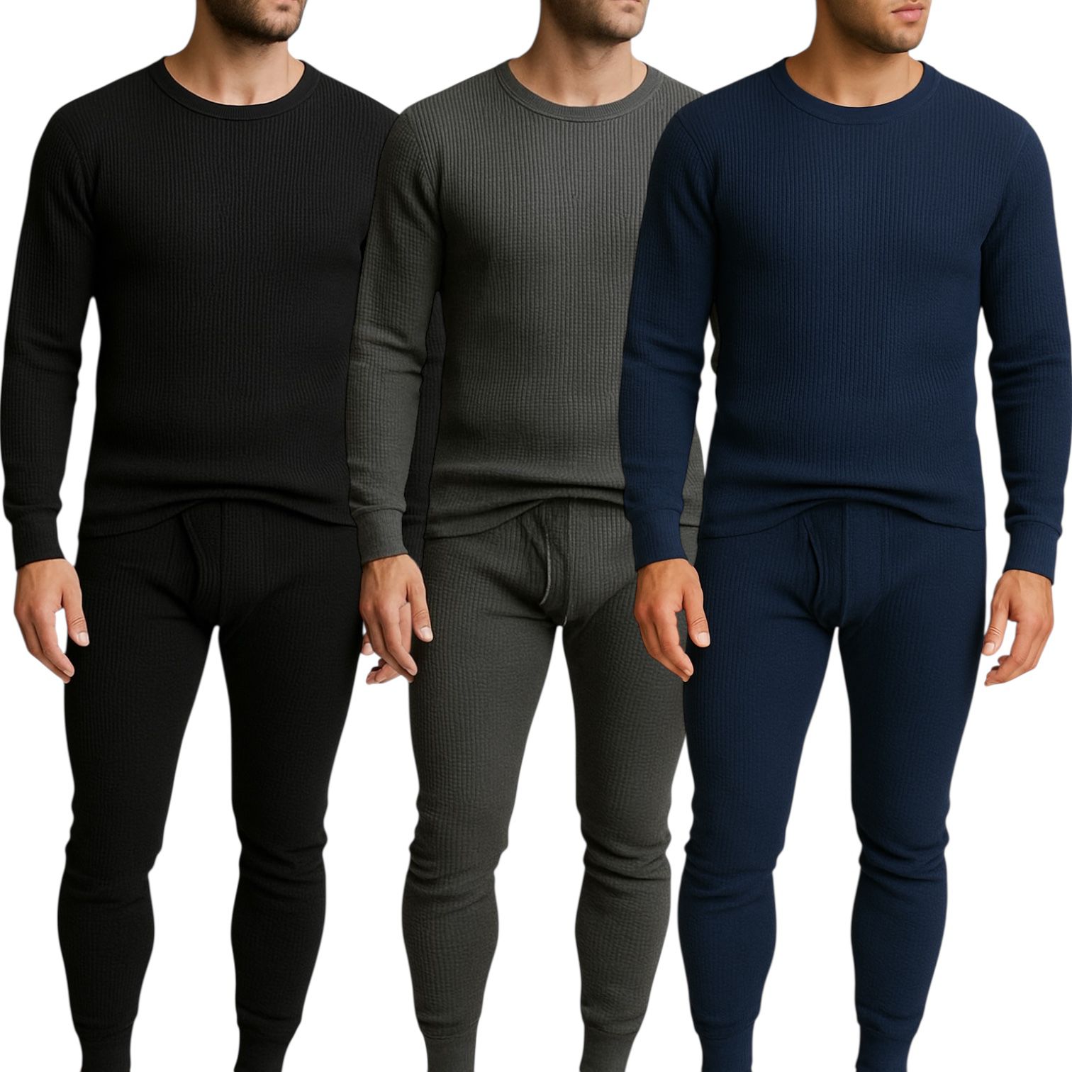 Men's 3-Pack Waffle Knit Thermal Sets, 6-Piece Cozy Sleepwear & Lounge Set (3 Tops & 3 Bottoms), Breathable Waffle Weave Long Johns, Soft Performance Base Layer, Relaxed Fit Pajama Set