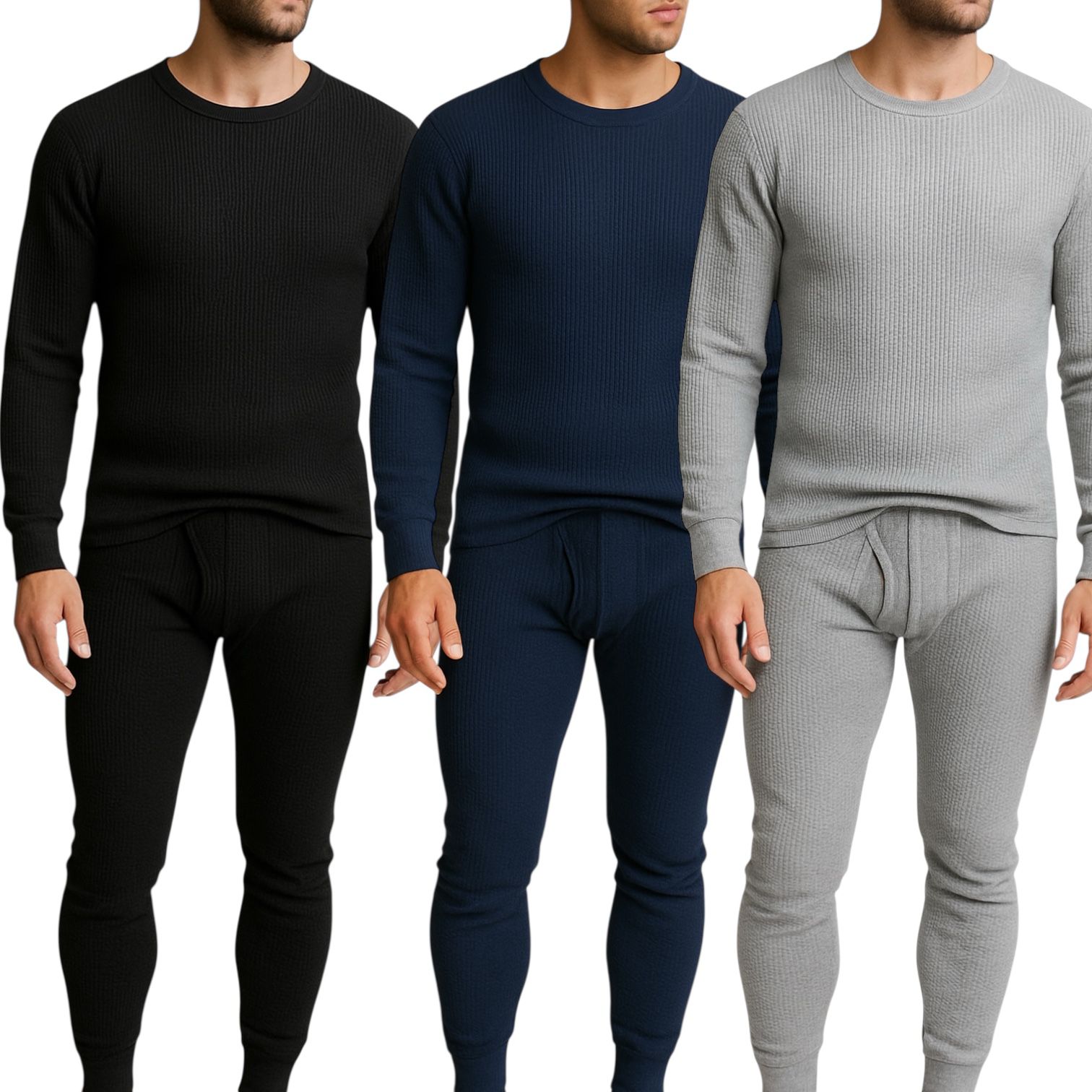 Men's 3-Pack Waffle Knit Thermal Sets, 6-Piece Cozy Sleepwear & Lounge Set (3 Tops & 3 Bottoms), Breathable Waffle Weave Long Johns, Soft Performance Base Layer, Relaxed Fit Pajama Set