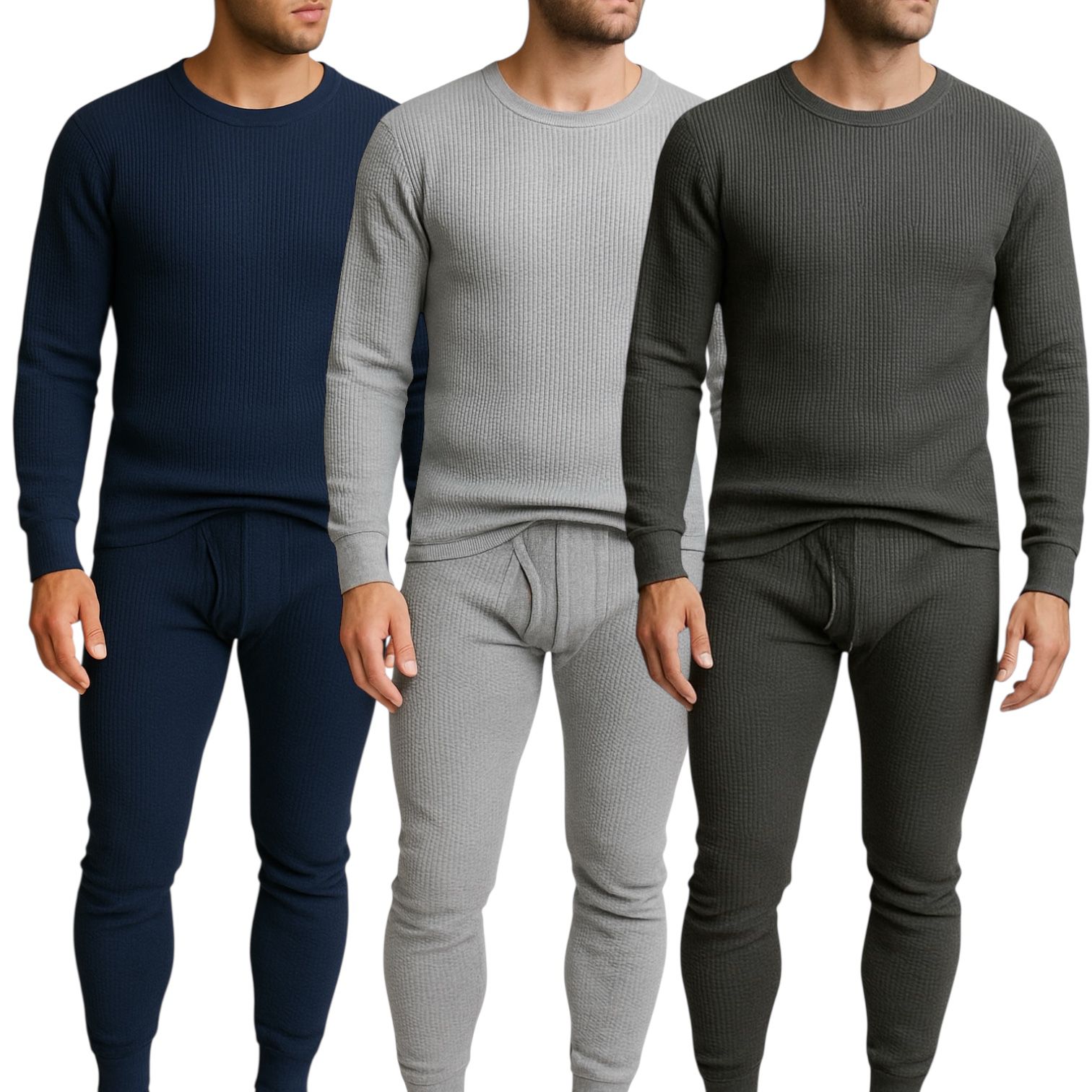 Men's 3-Pack Waffle Knit Thermal Sets, 6-Piece Cozy Sleepwear & Lounge Set (3 Tops & 3 Bottoms), Breathable Waffle Weave Long Johns, Soft Performance Base Layer, Relaxed Fit Pajama Set