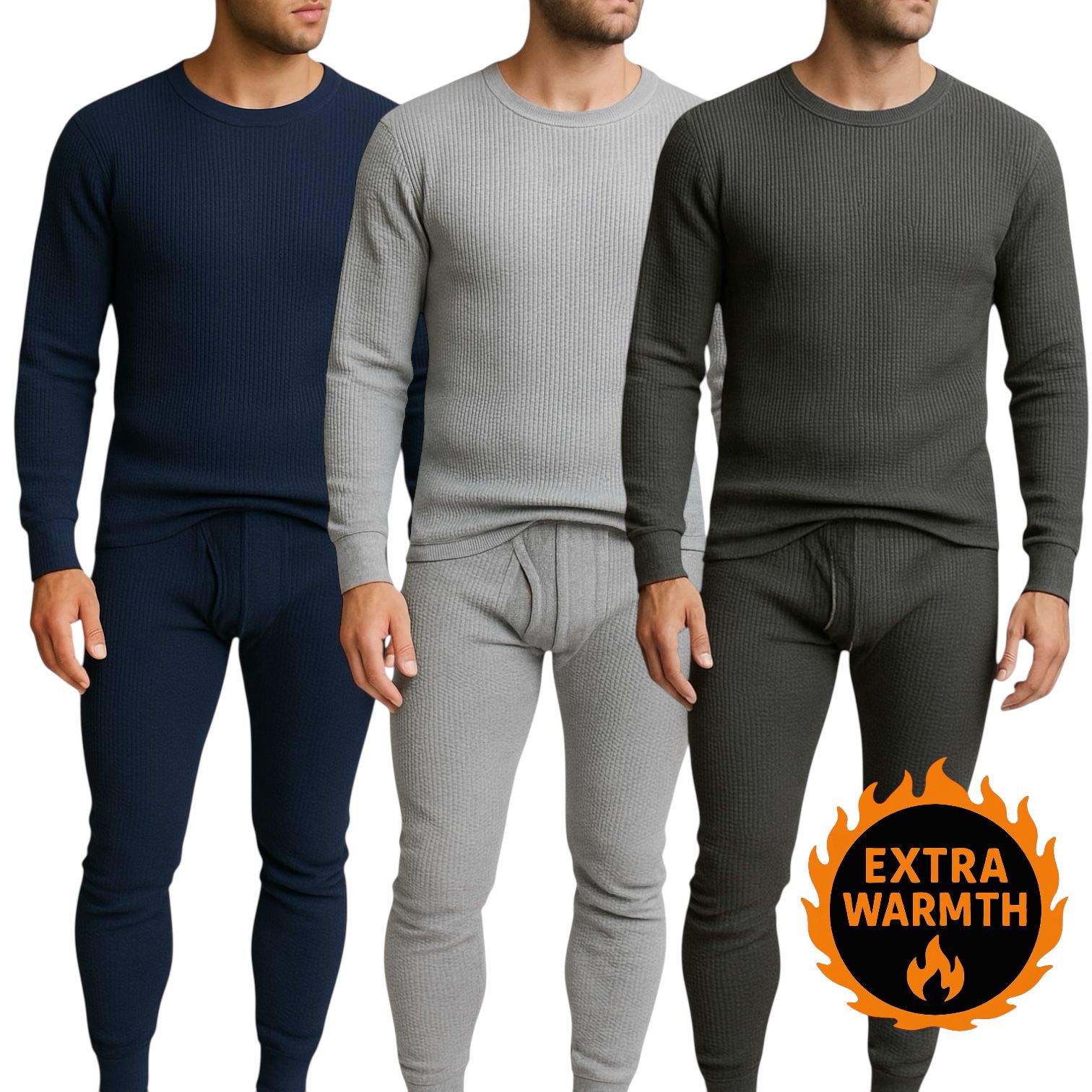 Men's 3-Pack Waffle Knit Thermal Sets, 6-Piece Cozy Sleepwear & Lounge Set (3 Tops & 3 Bottoms), Breathable Waffle Weave Long Johns, Soft Performance Base Layer, Relaxed Fit Pajama Set