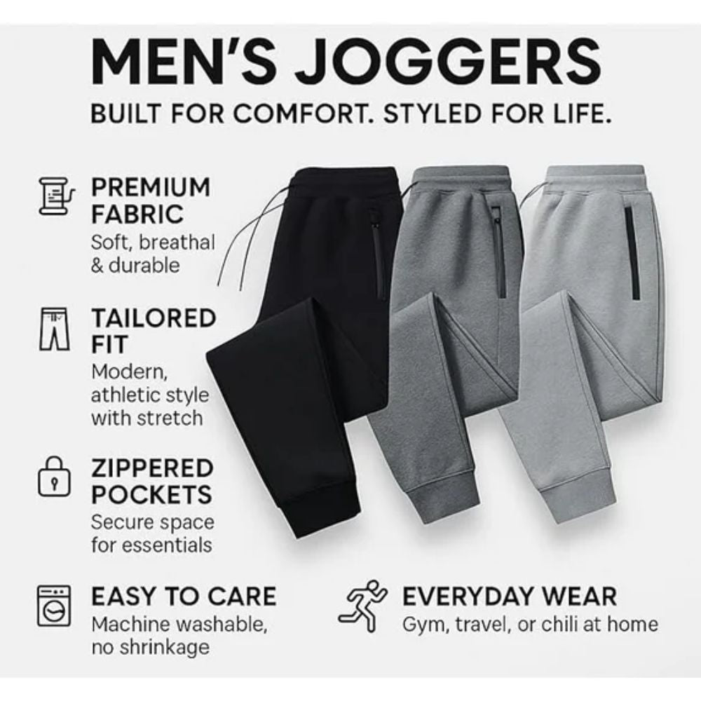 Men's 3-Pack Zipper Pocket Joggers, Modern Fit Athletic Sweatpants, Ultra-Elastic Tapered Lounge Pants, Secure Storage Workout Bottoms, Performance Training Wear