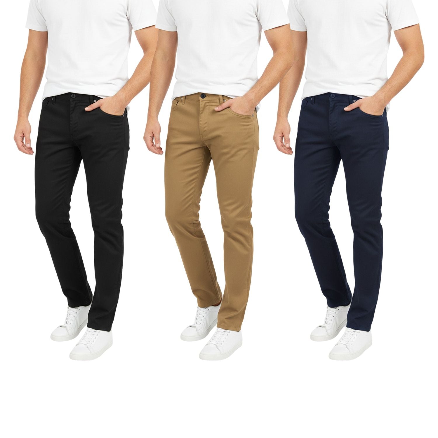 Men's 3-Pack Slim Fit Stretch Chino Pants, Ultimate Multi-Color Bundle, Classic Casual Flat Front Trousers, Lightweight Breathable Khakis, Comfort Stretch Twill Work Pants, Modern Tapered Fit Chinos Bulk Set
