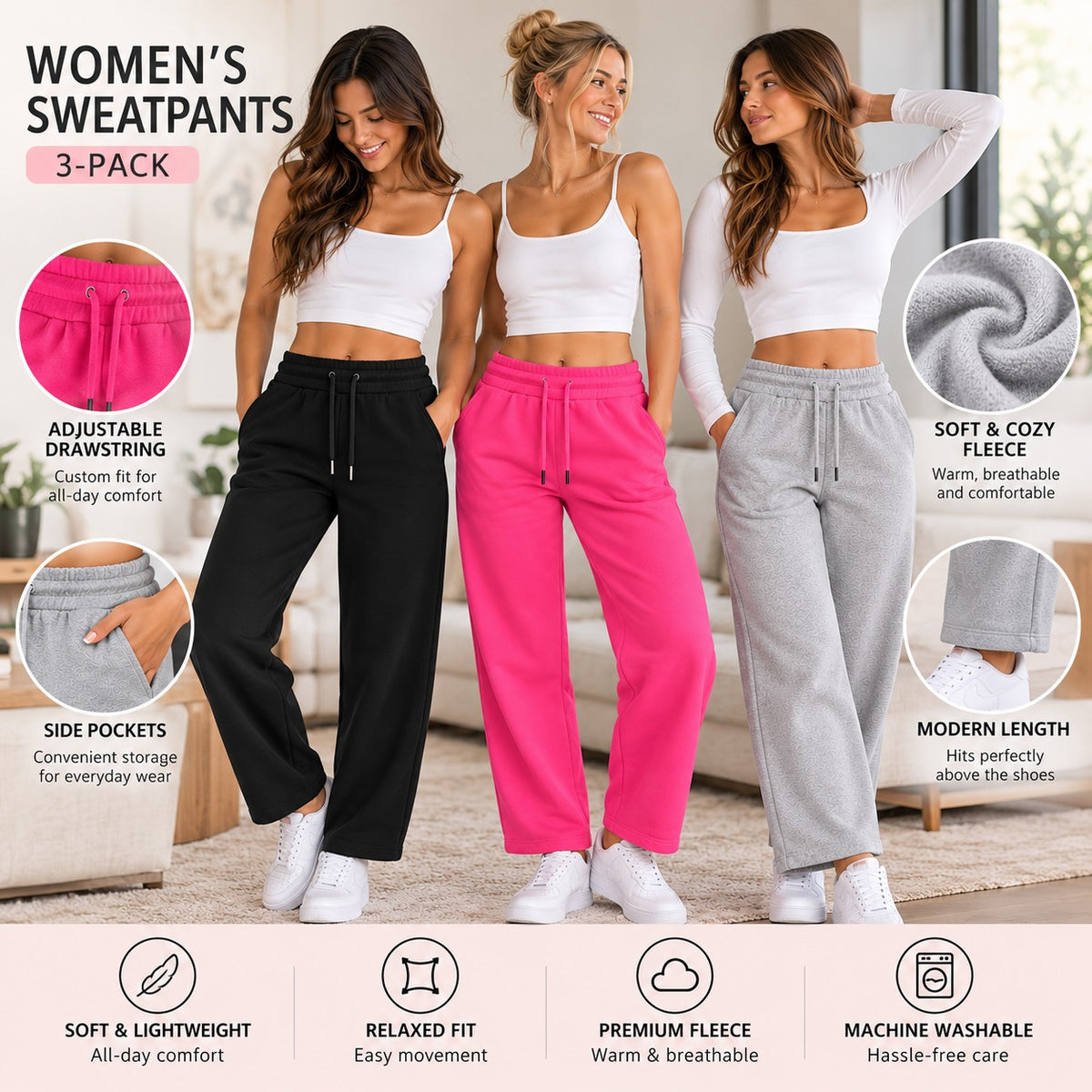 BenBen Women Sweatpants Open Bottom Jogger Pants Heavyweight Casual Stylish Trendy - 3 Pack
