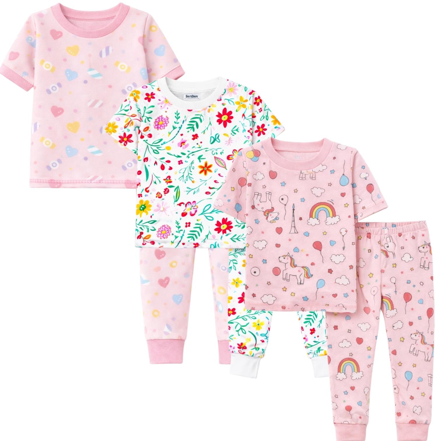 Kids Child Toddler Girl Pajamas Pj Set Snug Fit Short Sleeve Sleeve Snug Fit Soft & Cozy Sleepwear & Loungewear 3-Pack Size 2Y to 10Y