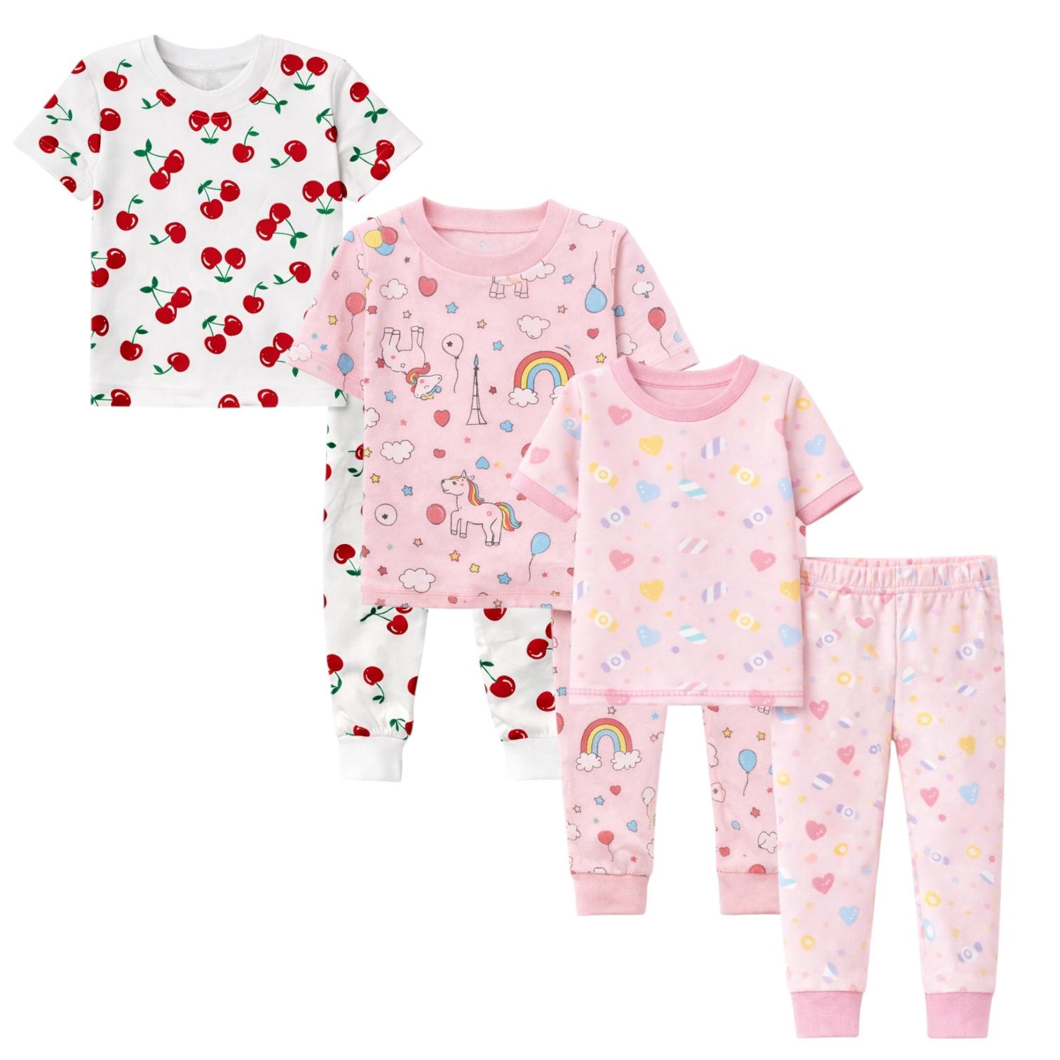 Kids Child Toddler Girl Pajamas Pj Set Snug Fit Short Sleeve Sleeve Snug Fit Soft & Cozy Sleepwear & Loungewear 3-Pack Size 2Y to 10Y