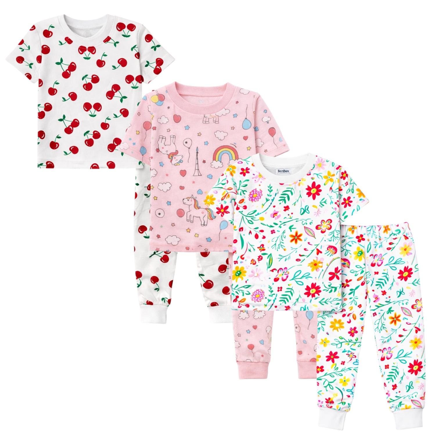 Kids Child Toddler Girl Pajamas Pj Set Snug Fit Short Sleeve Sleeve Snug Fit Soft & Cozy Sleepwear & Loungewear 3-Pack Size 2Y to 10Y
