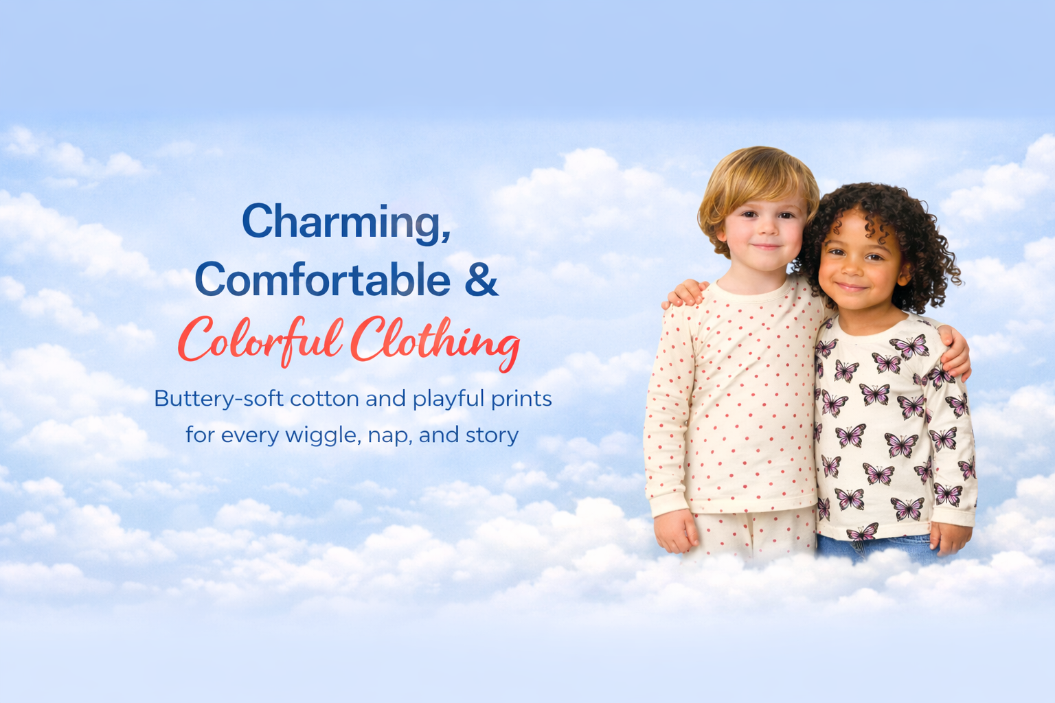 Two children standing in front of a blue sky with clouds, promoting children's clothing.