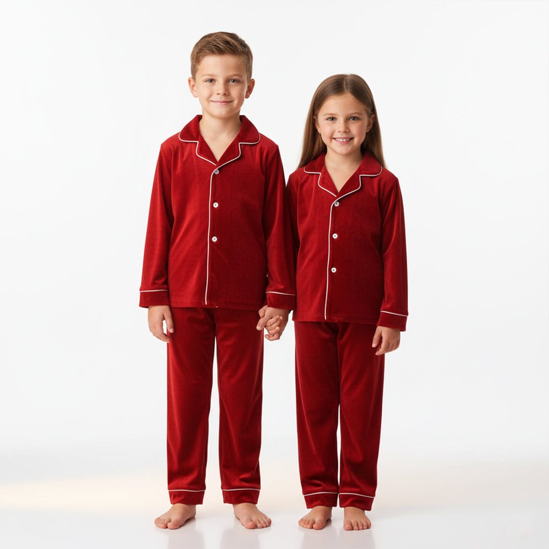 Kids 2 Piece Velvet Holiday Pajamas Red