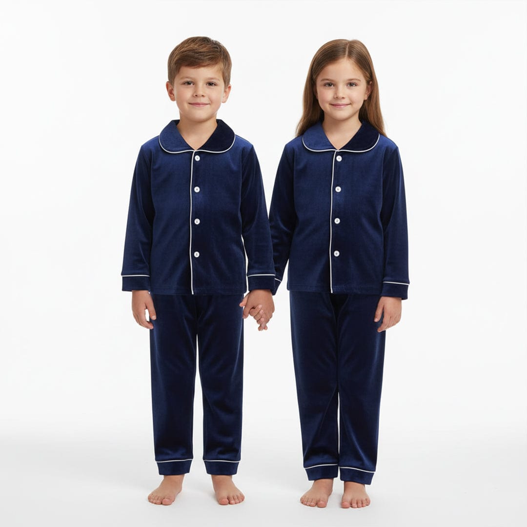 Kids 2 Piece Velvet Holiday Pajamas Blue