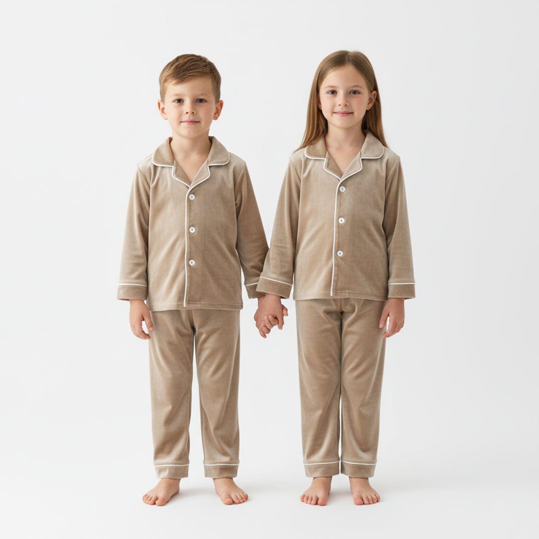 Kids 2 Piece Velvet Holiday Pajamas Taupe