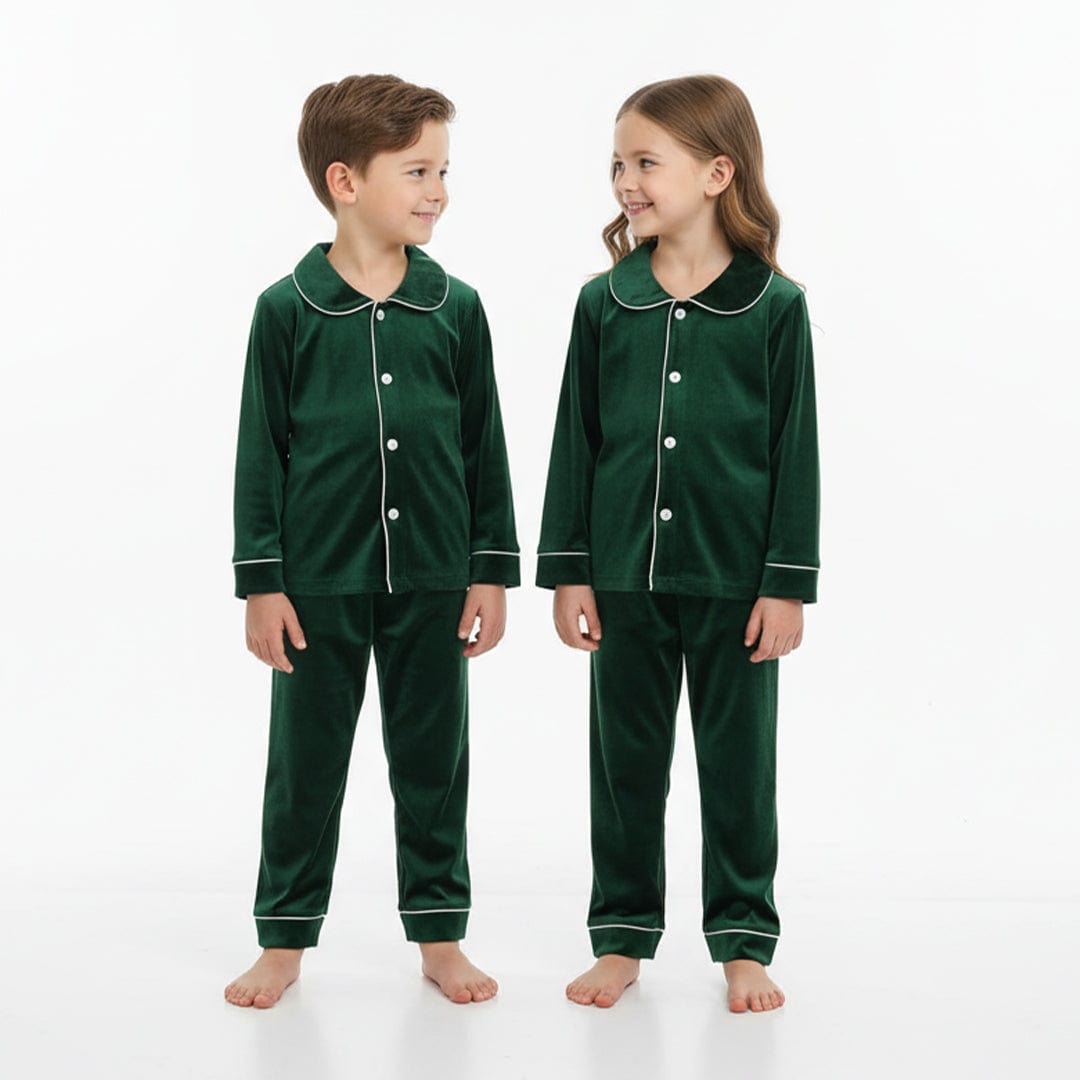 Kids 2 Piece Velvet Holiday Pajamas Green