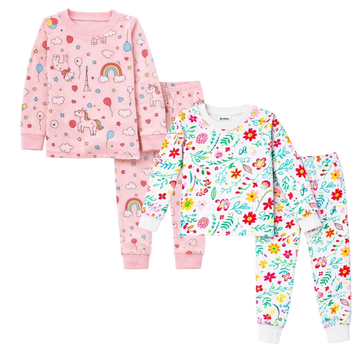 BenBen Kids Toddler Girl Pajamas Pj Set Long Sleeve Snug Fit Soft & Cozy Sleepwear Loungewear 2-Pack - Size 2Y to 10Y