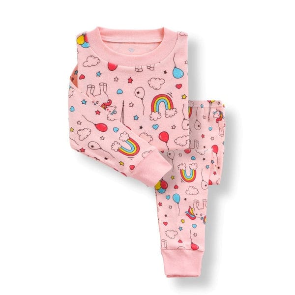 Girls Cotton Pajamas Set – Cute Prints (Flowers & Rainbows)