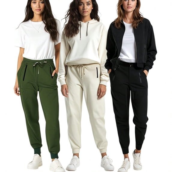 Women's 3-Pack Zipper Pocket Joggers, Modern Slim Fit Athletic Sweatpants, High-Stretch Tapered Lounge Pants, Secure Storage Workout Bottoms, Performance Training Wear