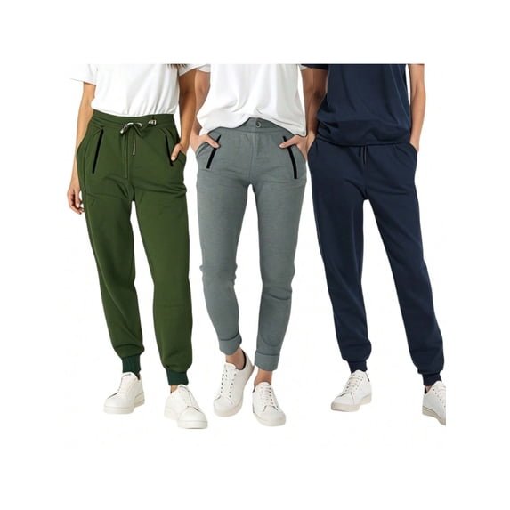 Women's 3-Pack Zipper Pocket Joggers, Modern Slim Fit Athletic Sweatpants, High-Stretch Tapered Lounge Pants, Secure Storage Workout Bottoms, Performance Training Wear