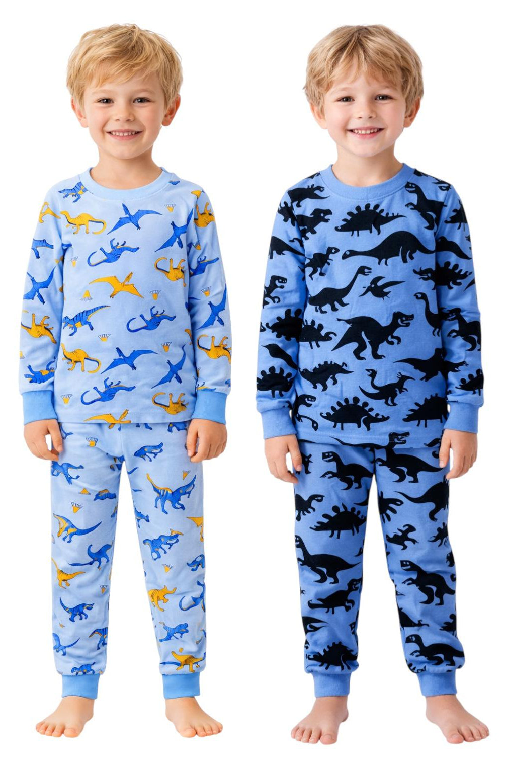 Two children wearing blue pajamas with dinosaur patterns on a white background