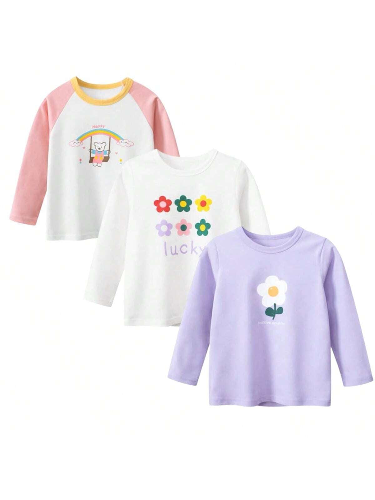 BenBen Kids Toddler Girl Long Sleeve Top Tee Shirt Sweatshirt Crew Neck T-Shirt - 3Pack Size 18M to 9Y