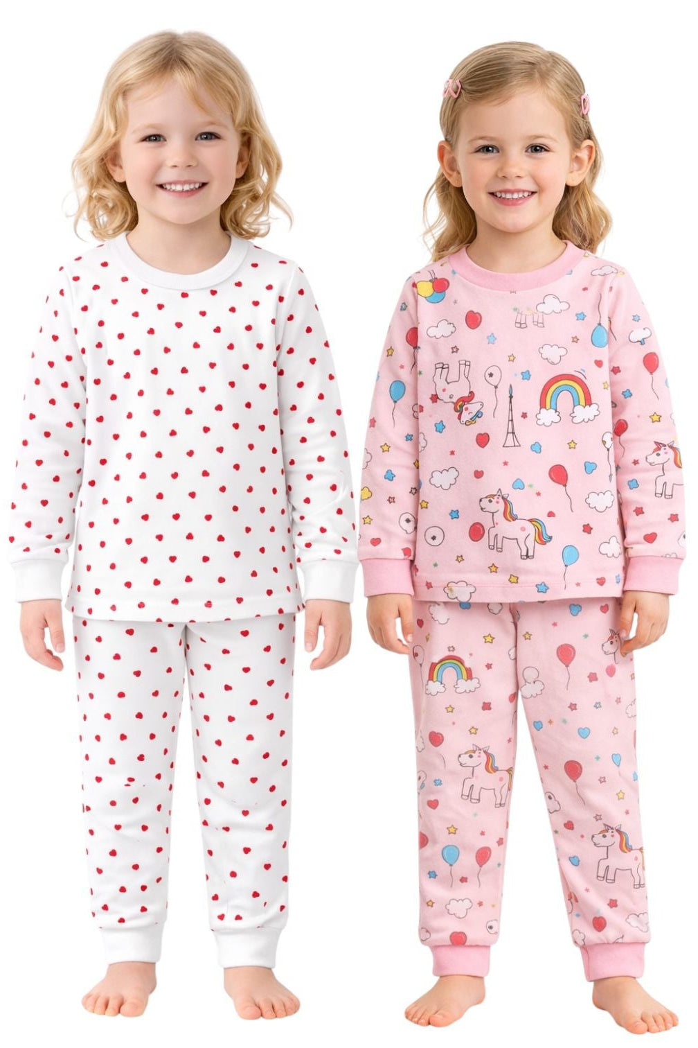 Two children wearing pajama sets with different designs on a white background