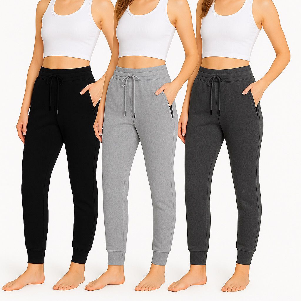 Women's 3-Pack Zipper Pocket Joggers, Modern Slim Fit Athletic Sweatpants, High-Stretch Tapered Lounge Pants, Secure Storage Workout Bottoms, Performance Training Wear