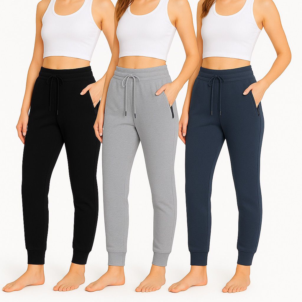 Women's 3-Pack Zipper Pocket Joggers, Modern Slim Fit Athletic Sweatpants, High-Stretch Tapered Lounge Pants, Secure Storage Workout Bottoms, Performance Training Wear