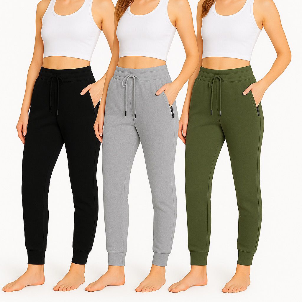 Women's 3-Pack Zipper Pocket Joggers, Modern Slim Fit Athletic Sweatpants, High-Stretch Tapered Lounge Pants, Secure Storage Workout Bottoms, Performance Training Wear