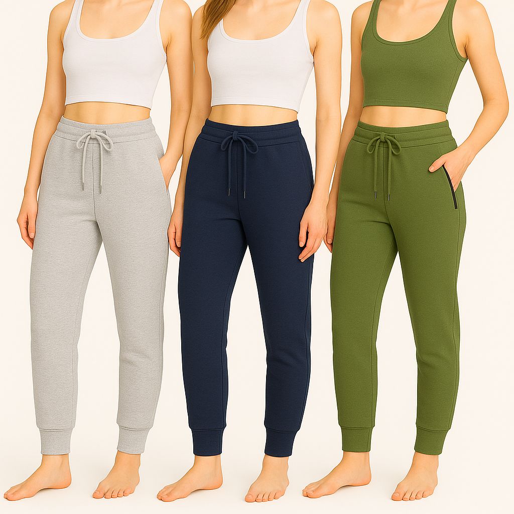 Women's 3-Pack Zipper Pocket Joggers, Modern Slim Fit Athletic Sweatpants, High-Stretch Tapered Lounge Pants, Secure Storage Workout Bottoms, Performance Training Wear