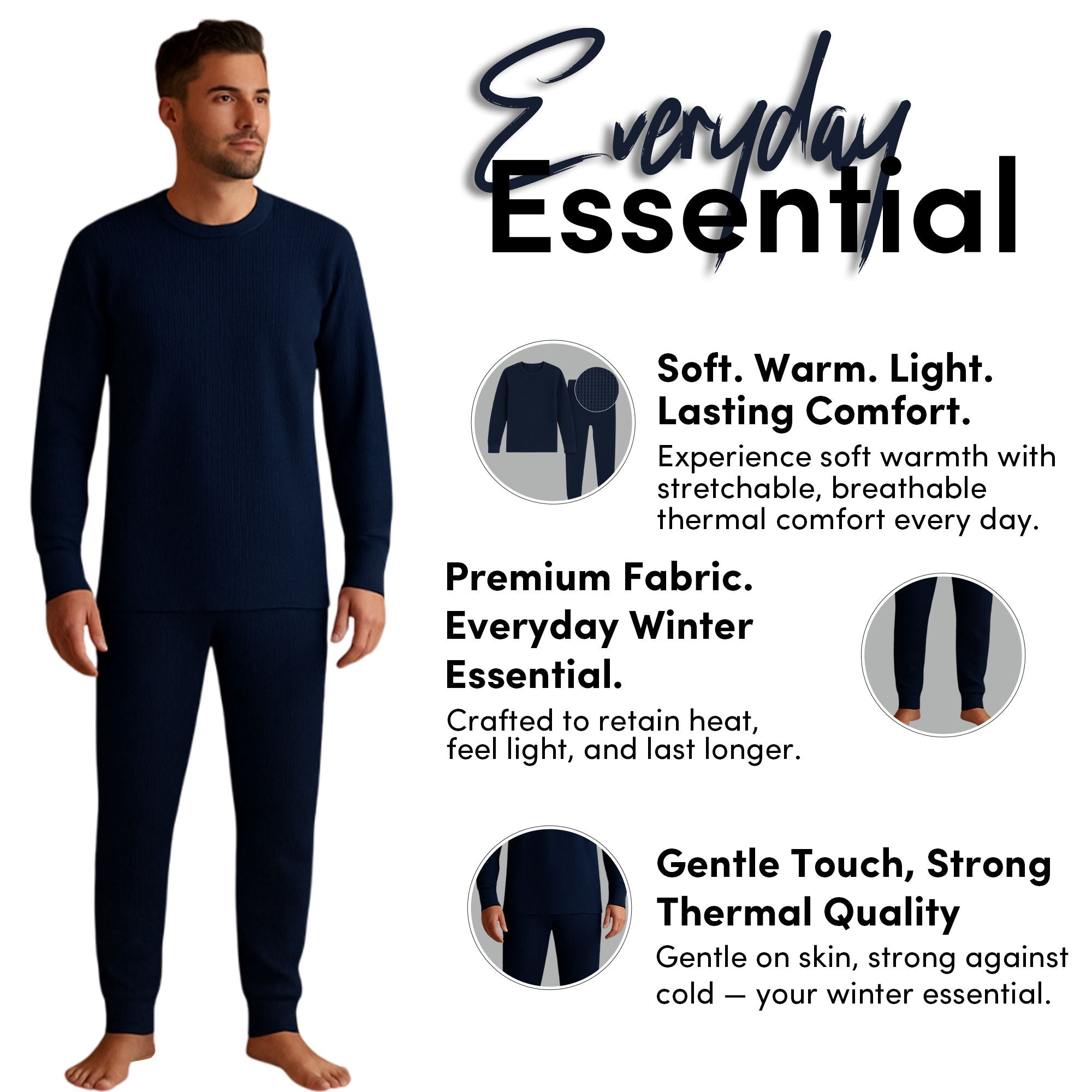 Men's 3-Pack Waffle Knit Thermal Sets, 6-Piece Cozy Sleepwear & Lounge Set (3 Tops & 3 Bottoms), Breathable Waffle Weave Long Johns, Soft Performance Base Layer, Relaxed Fit Pajama Set
