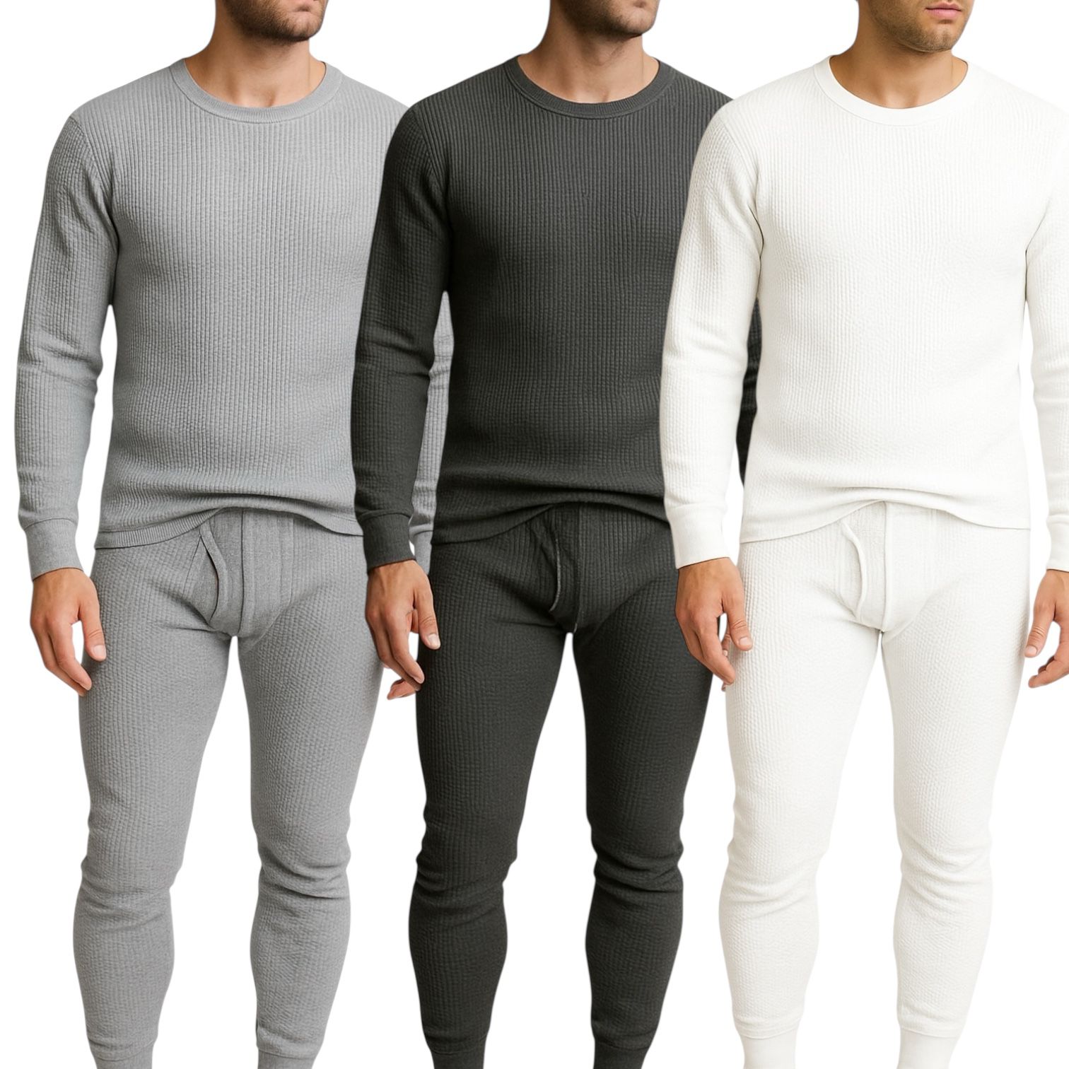 Men's 3-Pack Waffle Knit Thermal Sets, 6-Piece Cozy Sleepwear & Lounge Set (3 Tops & 3 Bottoms), Breathable Waffle Weave Long Johns, Soft Performance Base Layer, Relaxed Fit Pajama Set