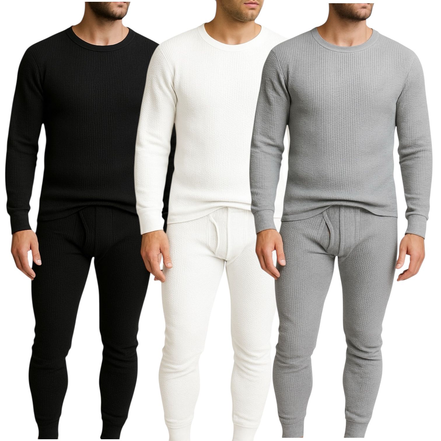 Men's 3-Pack Waffle Knit Thermal Sets, 6-Piece Cozy Sleepwear & Lounge Set (3 Tops & 3 Bottoms), Breathable Waffle Weave Long Johns, Soft Performance Base Layer, Relaxed Fit Pajama Set