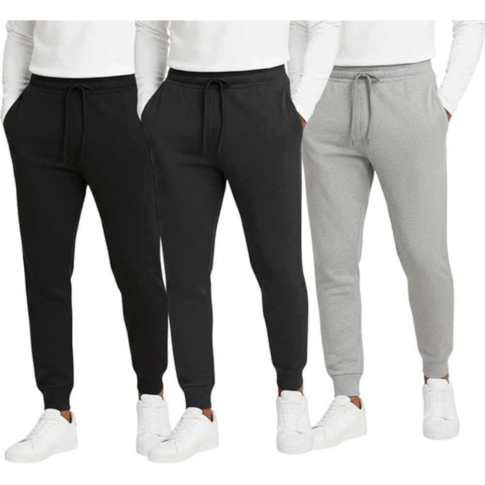 Men's 3-Pack Basic Jogger Sweatpants, Comfortable Relaxed Fit Lounge Pants with Pockets, Tapered Leg Athletic Bottoms, Breathable Cotton-Blend Training Wear, Everyday Essential Trousers