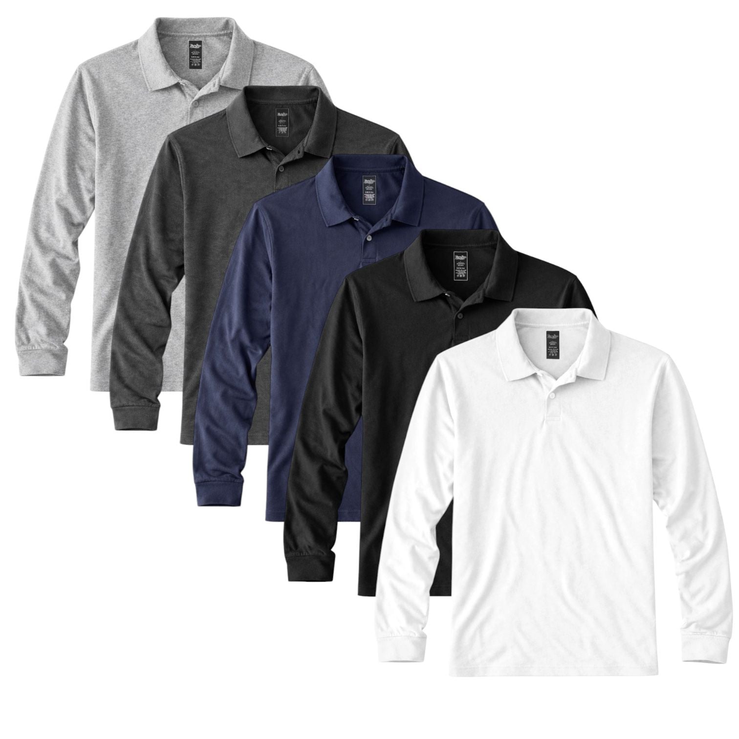 Men's 5-Pack Lightweight Long Sleeve Polo Shirts | Everyday Essential Bundle