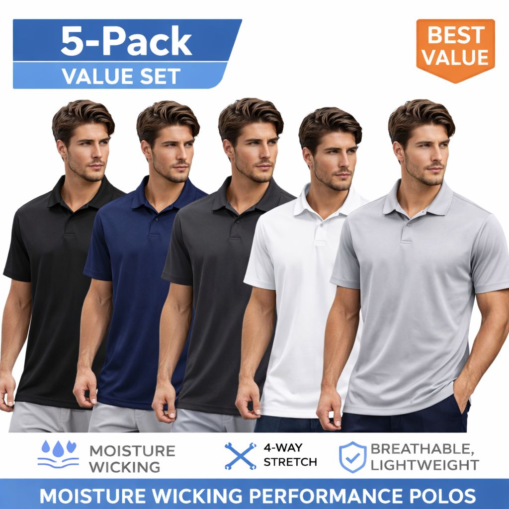 Men's 5-Pack Moisture-Wicking Short Sleeve Performance Polos | Everyday Active Wear