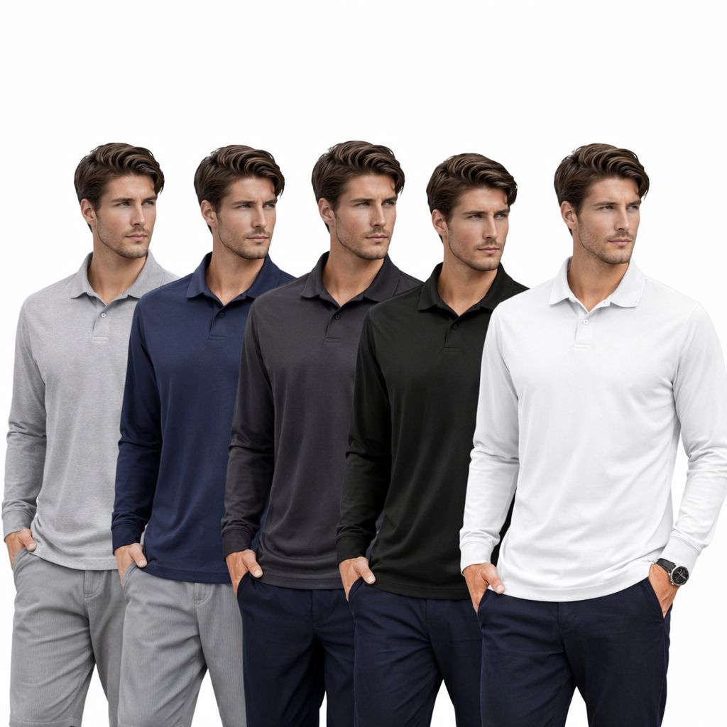 Men's 5-Pack Lightweight Long Sleeve Polo Shirts | Everyday Essential Bundle