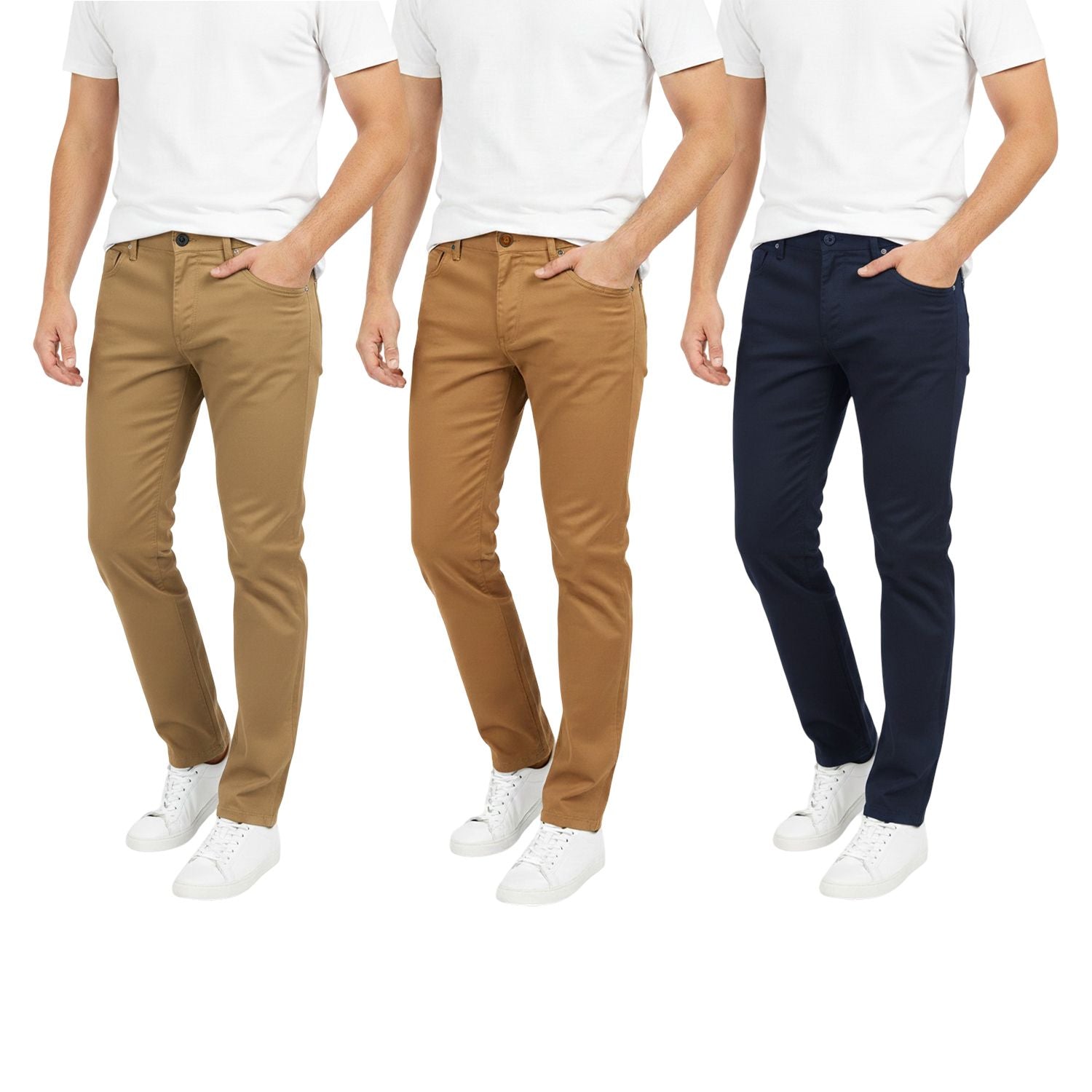 Men's 3-Pack Slim Fit Stretch Chino Pants, Ultimate Multi-Color Bundle, Classic Casual Flat Front Trousers, Lightweight Breathable Khakis, Comfort Stretch Twill Work Pants, Modern Tapered Fit Chinos Bulk Set