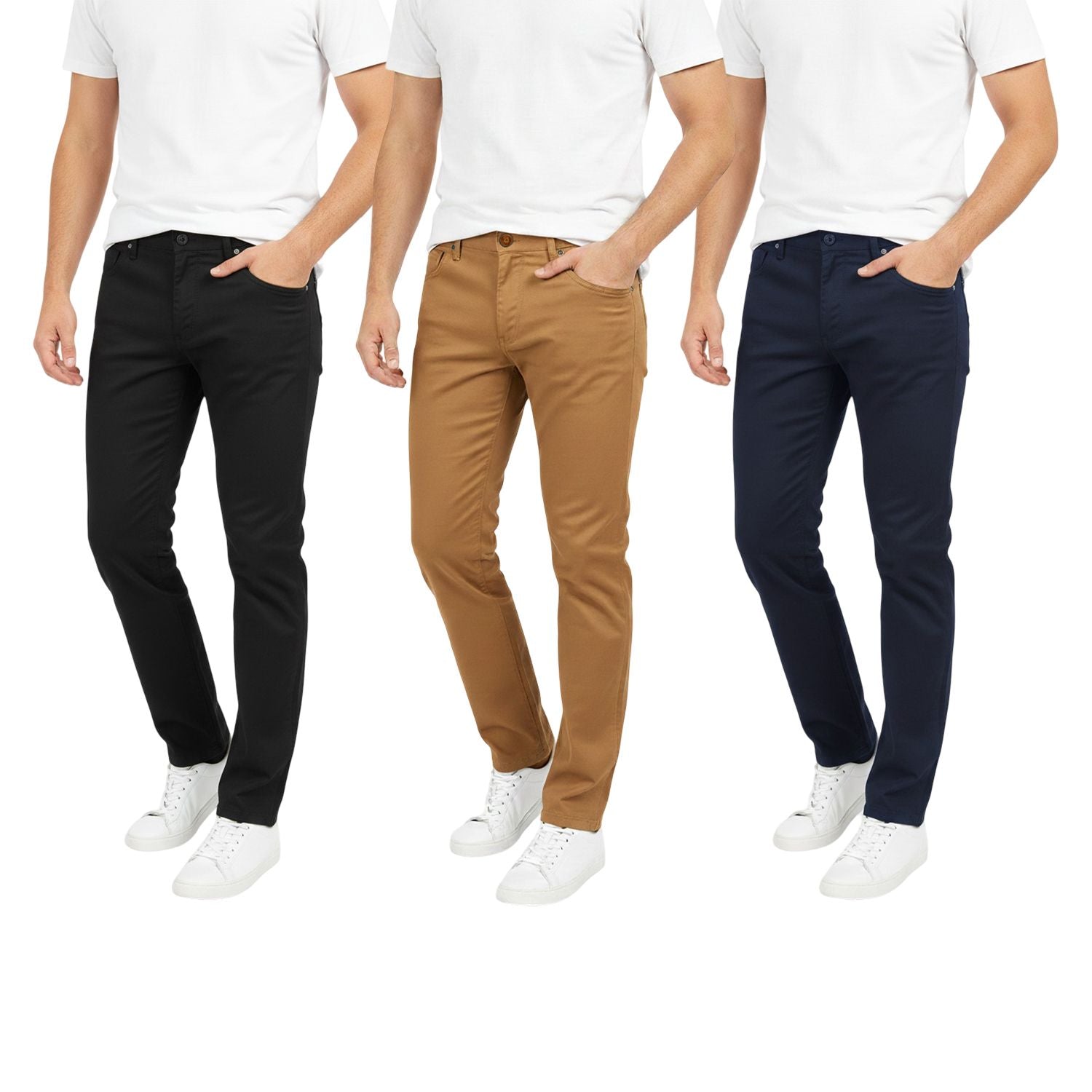 Men's 3-Pack Slim Fit Stretch Chino Pants, Ultimate Multi-Color Bundle, Classic Casual Flat Front Trousers, Lightweight Breathable Khakis, Comfort Stretch Twill Work Pants, Modern Tapered Fit Chinos Bulk Set