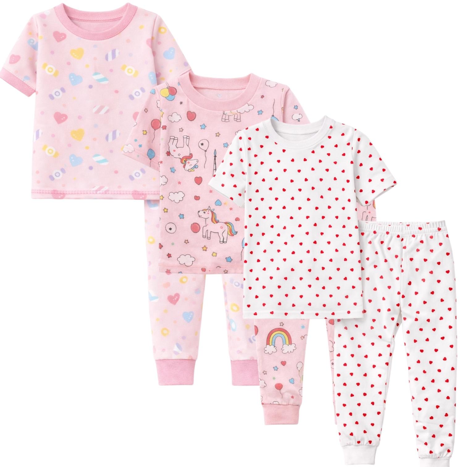 Kids Child Toddler Girl Pajamas Pj Set Snug Fit Short Sleeve Sleeve Snug Fit Soft & Cozy Sleepwear & Loungewear 3-Pack Size 2Y to 10Y
