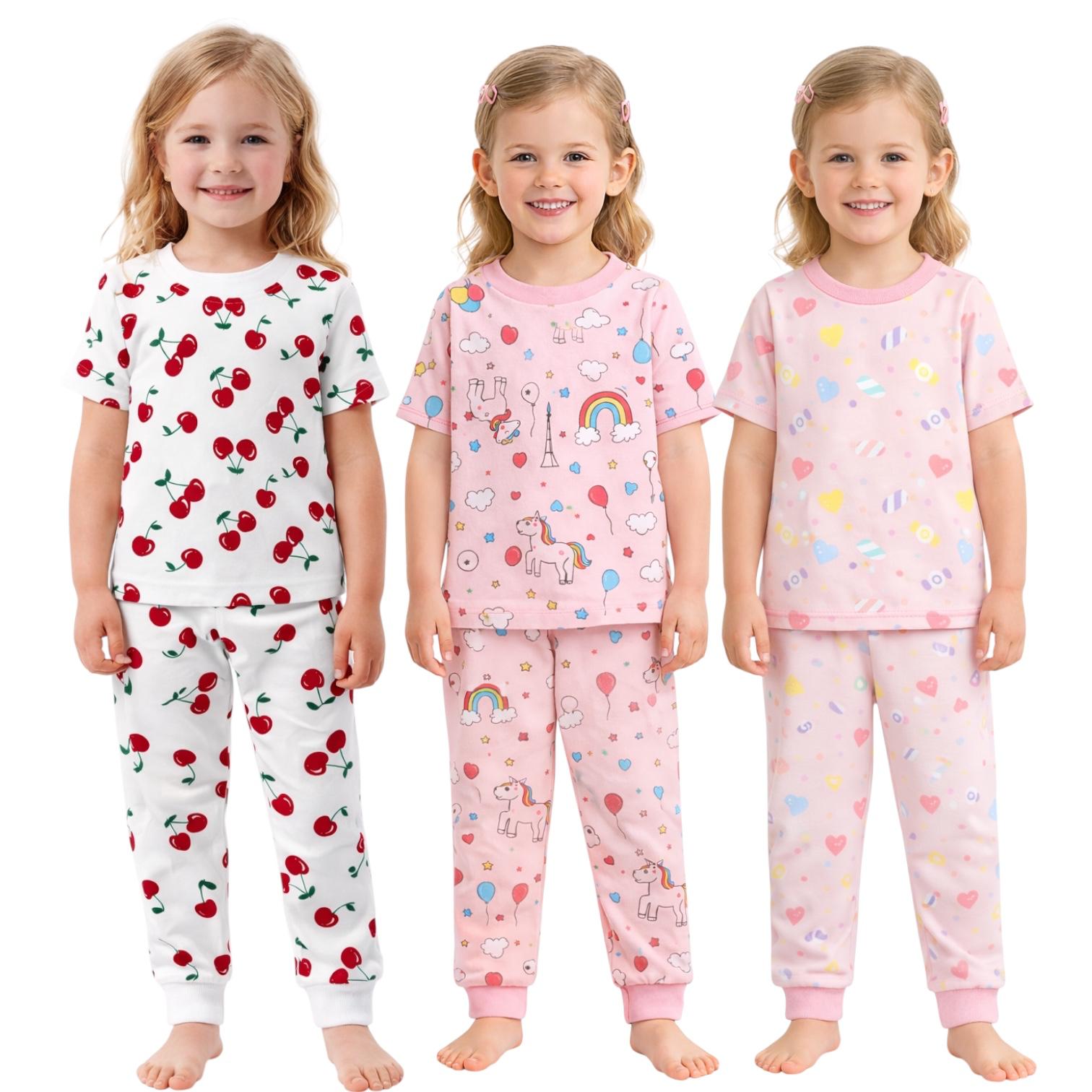 Kids Child Toddler Girl Pajamas Pj Set Snug Fit Short Sleeve Sleeve Snug Fit Soft & Cozy Sleepwear & Loungewear 3-Pack Size 2Y to 10Y