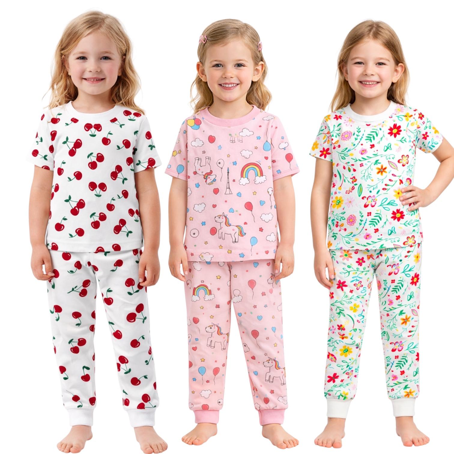 Kids Child Toddler Girl Pajamas Pj Set Snug Fit Short Sleeve Sleeve Snug Fit Soft & Cozy Sleepwear & Loungewear 3-Pack Size 2Y to 10Y