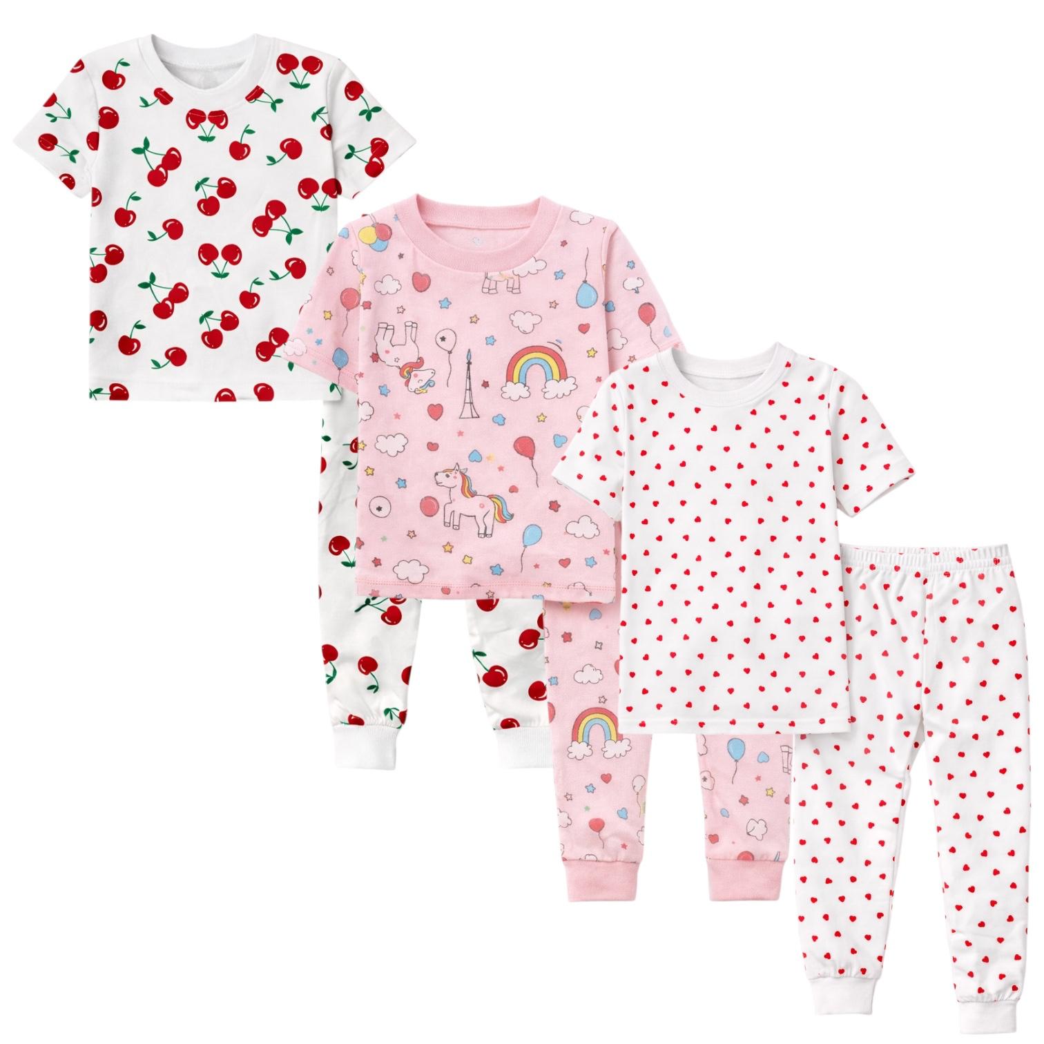 Kids Child Toddler Girl Pajamas Pj Set Snug Fit Short Sleeve Sleeve Snug Fit Soft & Cozy Sleepwear & Loungewear 3-Pack Size 2Y to 10Y