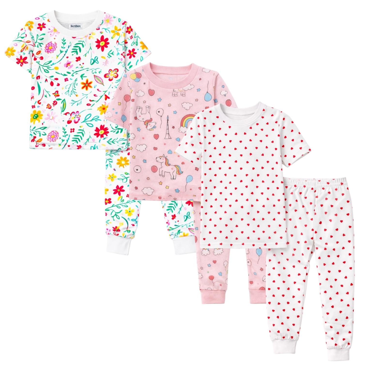 Kids Child Toddler Girl Pajamas Pj Set Snug Fit Short Sleeve Sleeve Snug Fit Soft & Cozy Sleepwear & Loungewear 3-Pack Size 2Y to 10Y