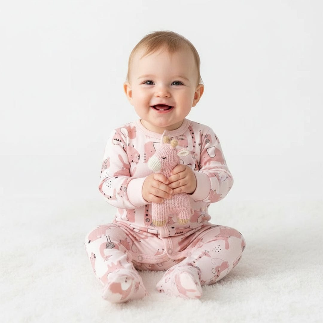 Pink Animals Button Onesie Footie