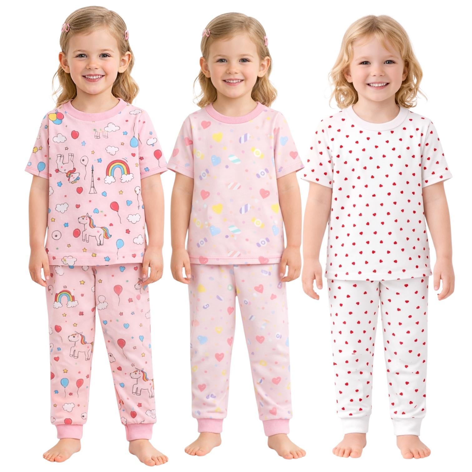 Kids Child Toddler Girl Pajamas Pj Set Snug Fit Short Sleeve Sleeve Snug Fit Soft & Cozy Sleepwear & Loungewear 3-Pack Size 2Y to 10Y