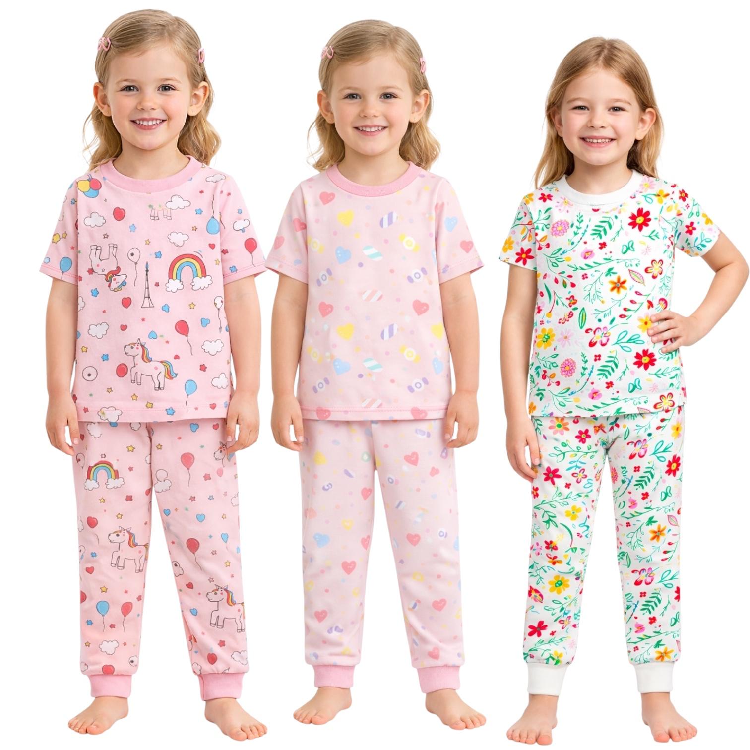 Kids Child Toddler Girl Pajamas Pj Set Snug Fit Short Sleeve Sleeve Snug Fit Soft & Cozy Sleepwear & Loungewear 3-Pack Size 2Y to 10Y