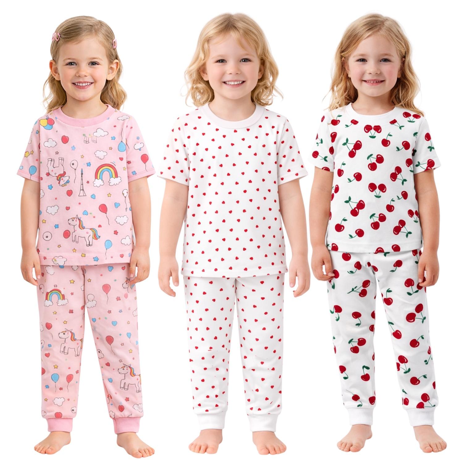 Kids Child Toddler Girl Pajamas Pj Set Snug Fit Short Sleeve Sleeve Snug Fit Soft & Cozy Sleepwear & Loungewear 3-Pack Size 2Y to 10Y