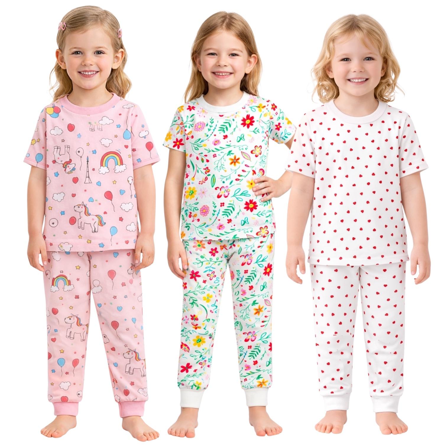 Kids Child Toddler Girl Pajamas Pj Set Snug Fit Short Sleeve Sleeve Snug Fit Soft & Cozy Sleepwear & Loungewear 3-Pack Size 2Y to 10Y